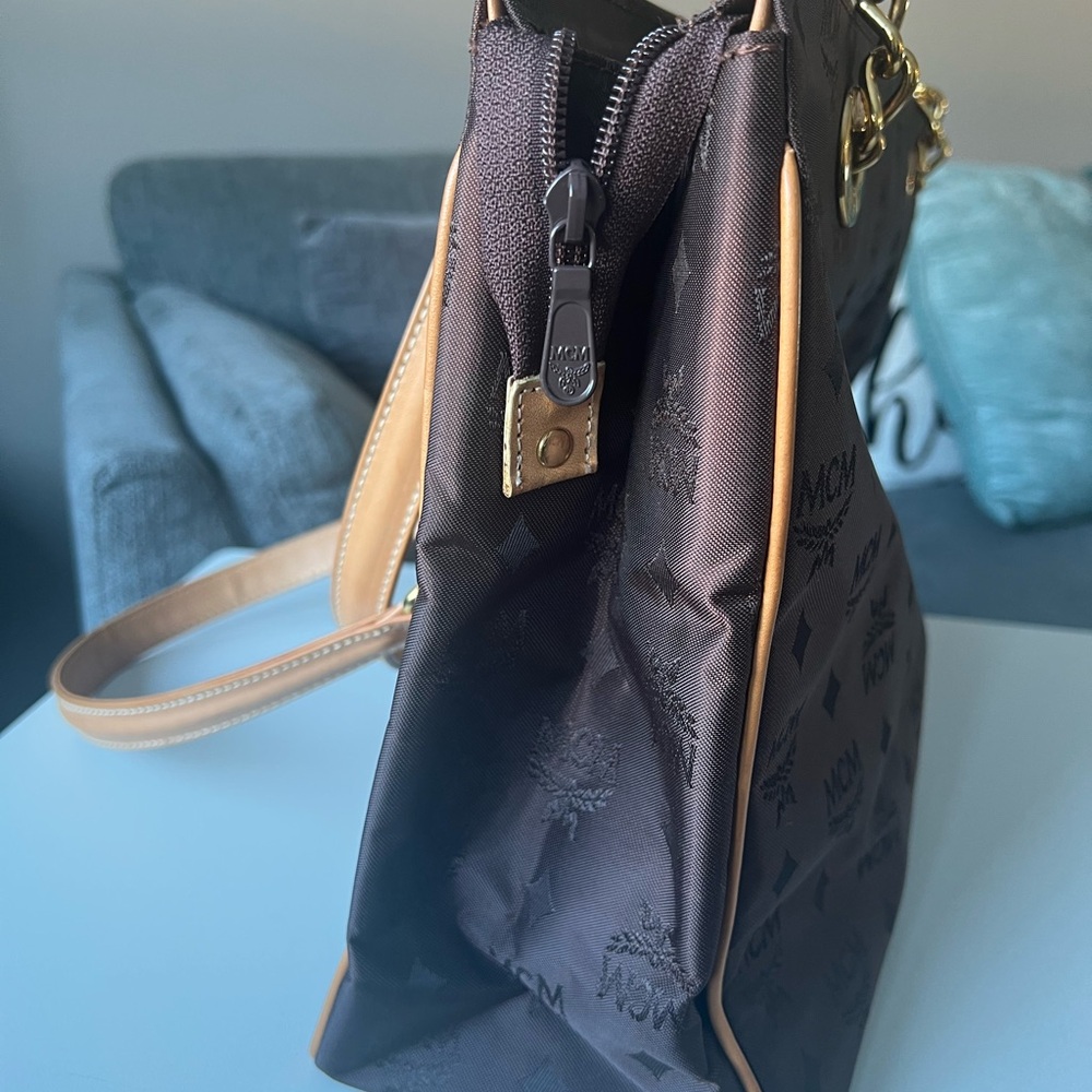 MCM Brown Monogram Tote with Gold Chain and Tan Leather Straps - Picture 5 of 15